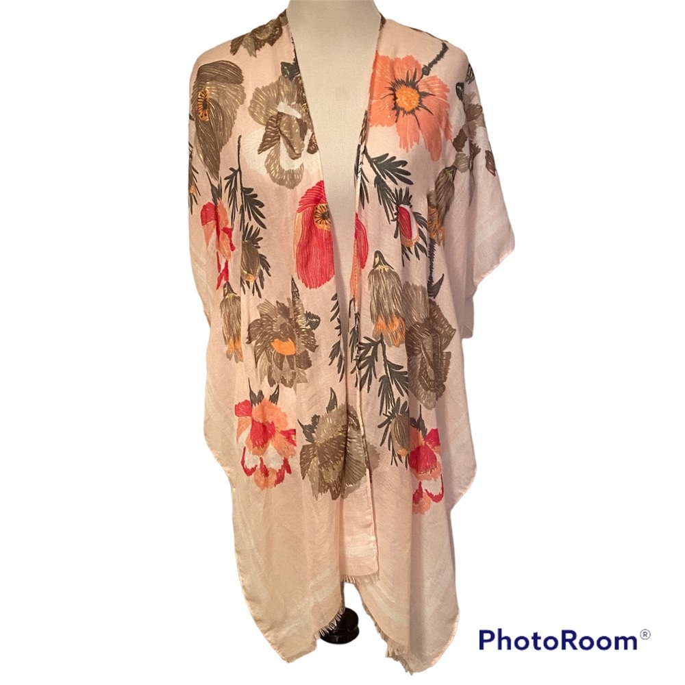 WOVEN HEART KIMONO WRAP TOP PINK GOLD GRAY FLORAL ARM HOLES ONE SIZE OS